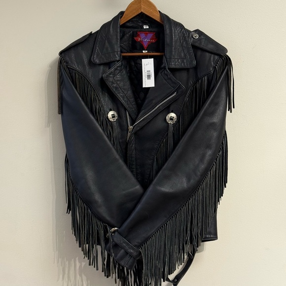 Verducci size 38 black leather fringe moto jacket skull buttons - Picture 2 of 15